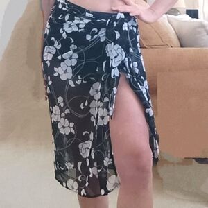 Miraclesuit Swimsuit Coverup Beach Waist Tie Sarong Black Tropical Floral Sheer